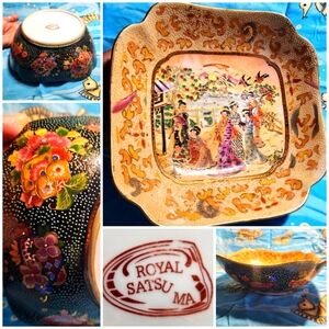 Vintage 1970"s Royal Satsuma Moriage Porcelain Bowl Japanese Square 9"x9"×3"